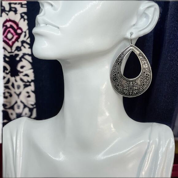 Silver-Tone Dangle Hook Earrings, 2" Long, 1.5" Wide - Picture 1 of 9